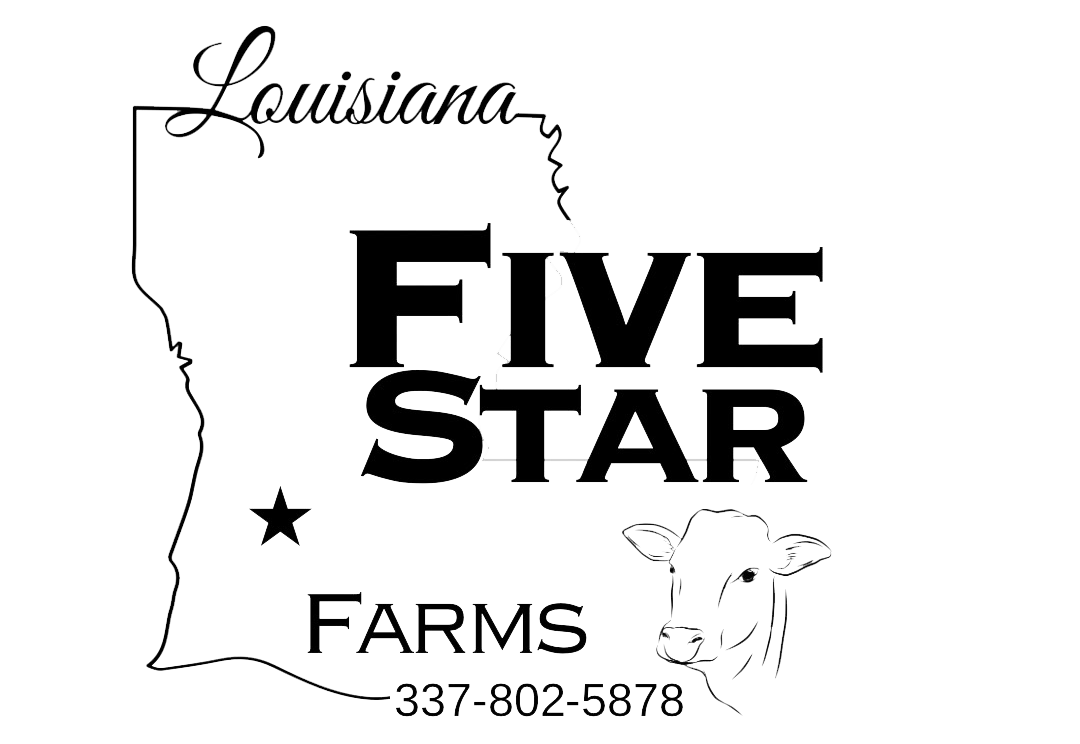 Logo of Five Star Farms located in Louisiana, featuring the state outline, the farm name prominently displayed, and an illustration of a cow. Contact information includes the phone number 337-802-5878.